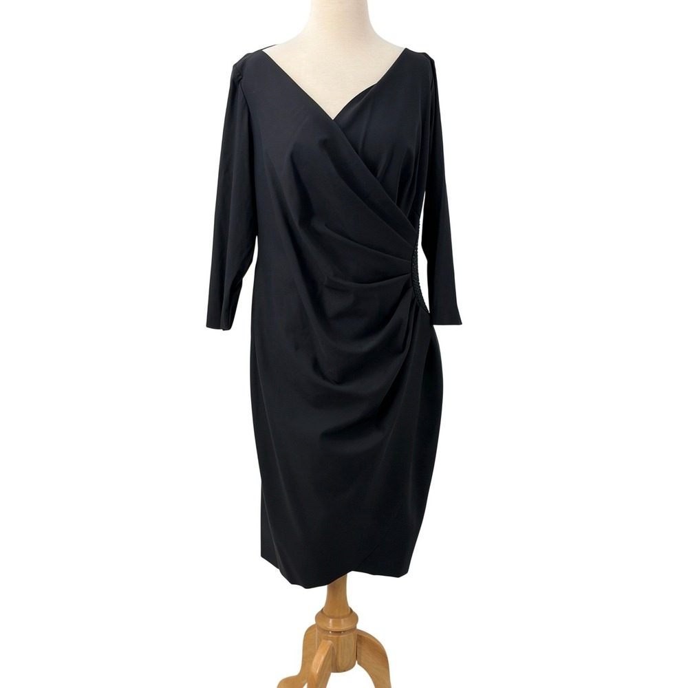 Alex Evenings 3/4 Sleeve Black Embellished Surplice Sheath Dress Cocktail 14W